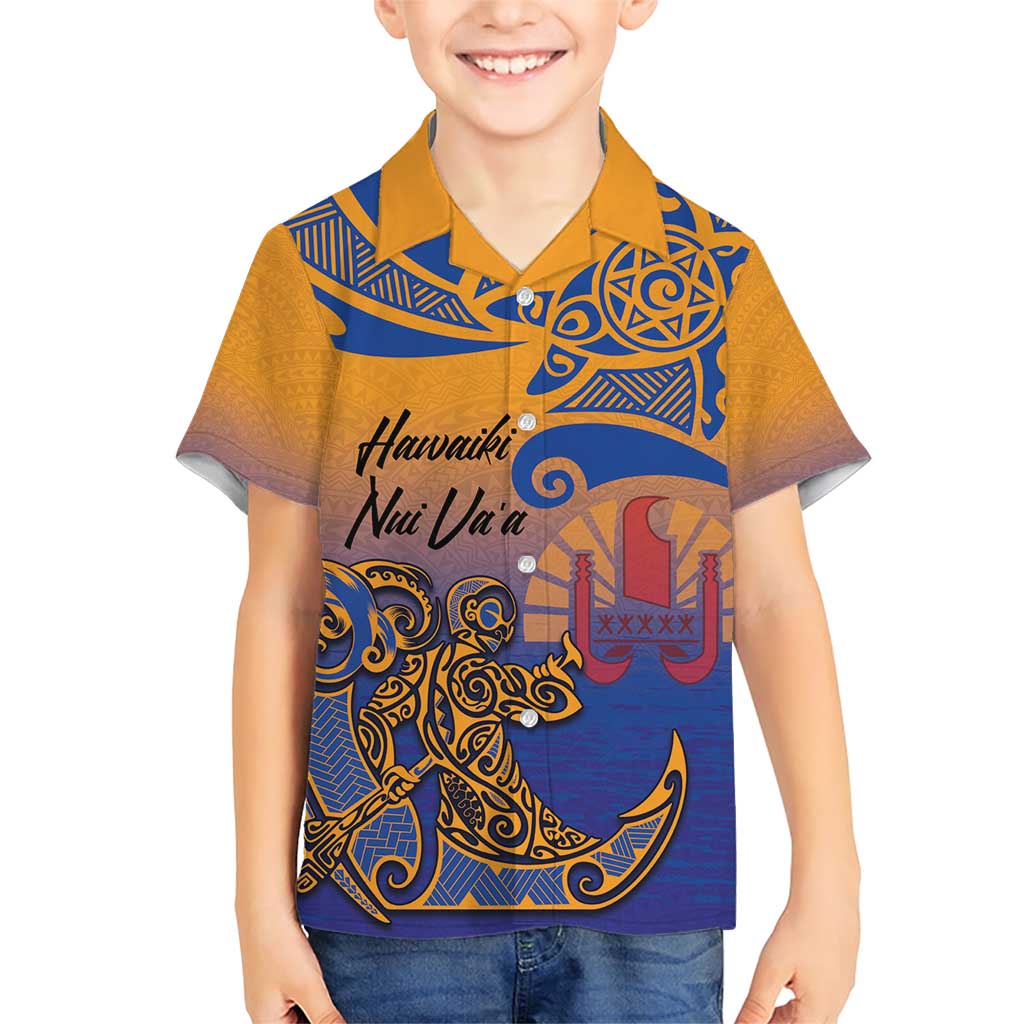 Hawaiki Nui Va'a Solo French Polynesia Family Matching Short Sleeve Bodycon Dress and Hawaiian Shirt Sunset Color LT03 Son's Shirt Yellow - Polynesian Pride