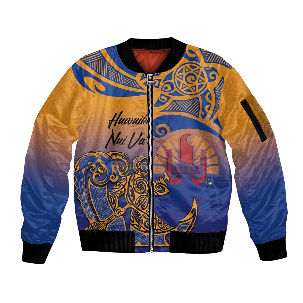 Hawaiki Nui Va'a Solo French Polynesia Sleeve Zip Bomber Jacket Sunset Color LT03 Unisex Yellow - Polynesian Pride
