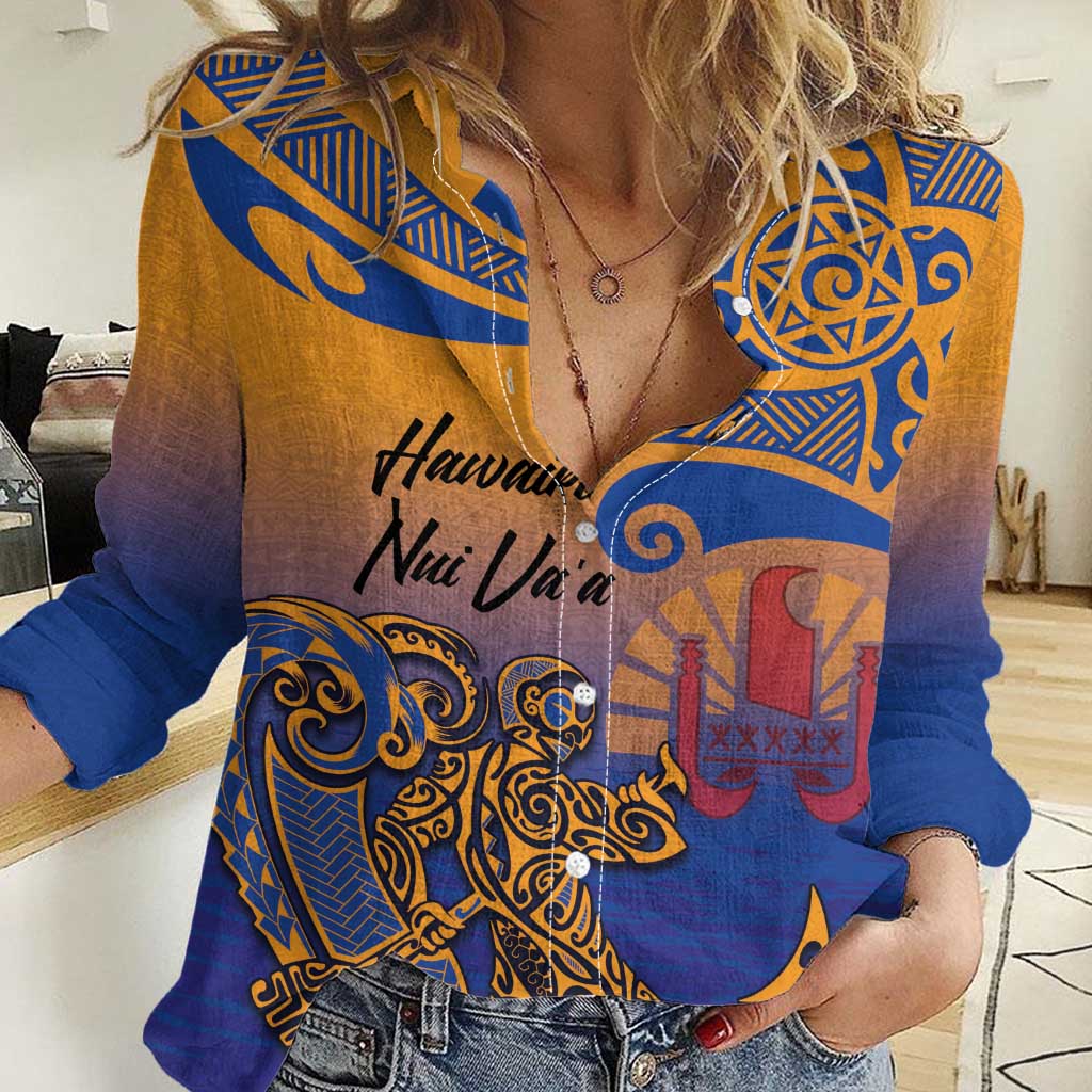 Hawaiki Nui Va'a Solo French Polynesia Women Casual Shirt Sunset Color LT03 Female Yellow - Polynesian Pride