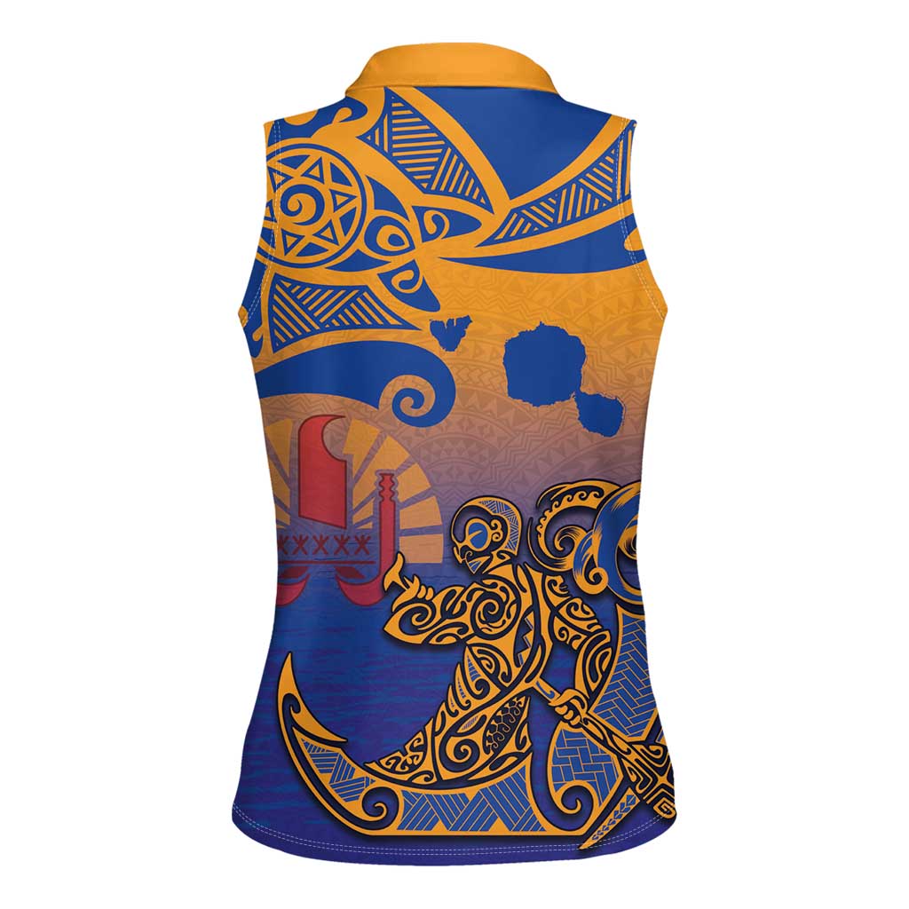 Hawaiki Nui Va'a Solo French Polynesia Women Sleeveless Polo Shirt Sunset Color LT03 - Polynesian Pride
