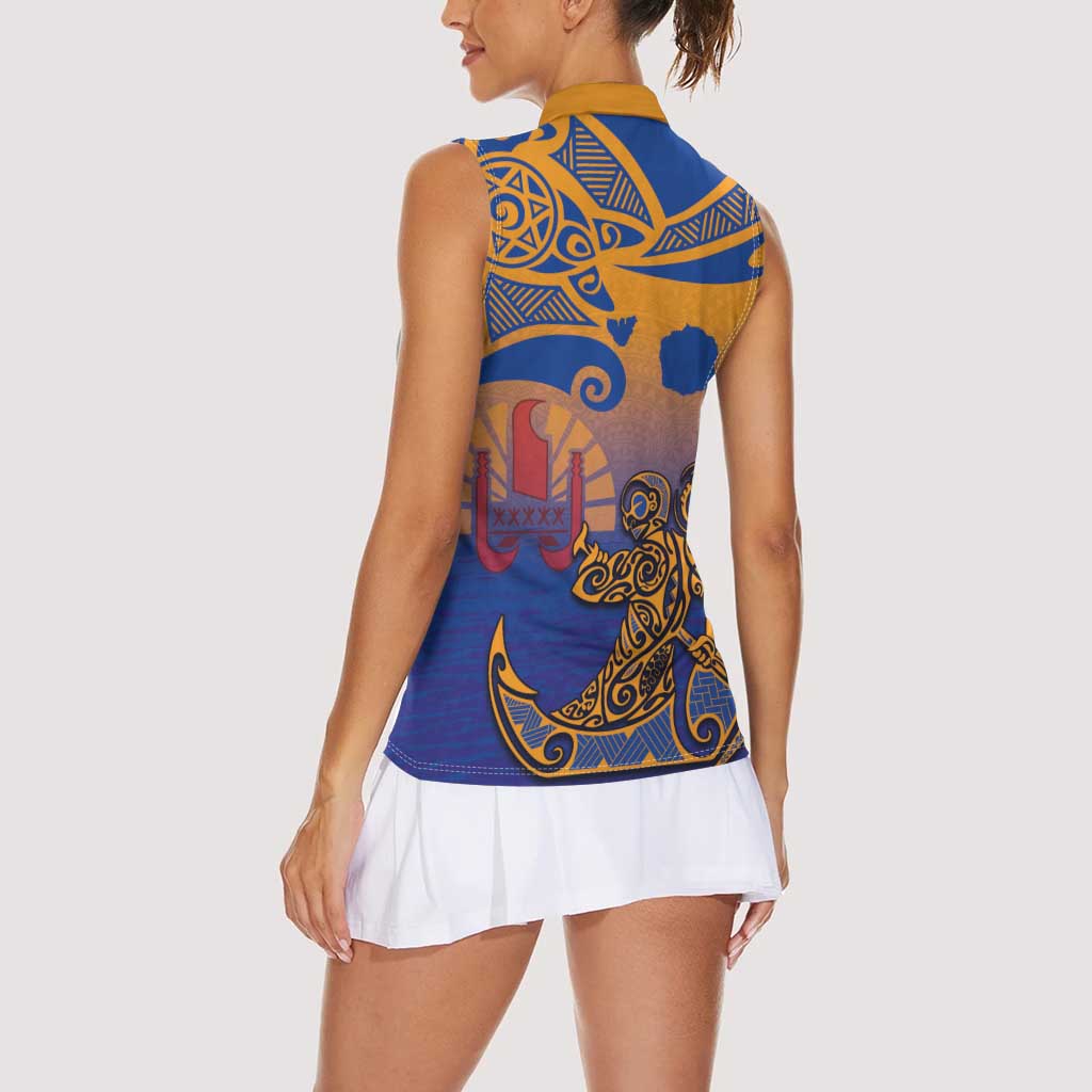 Hawaiki Nui Va'a Solo French Polynesia Women Sleeveless Polo Shirt Sunset Color LT03 - Polynesian Pride