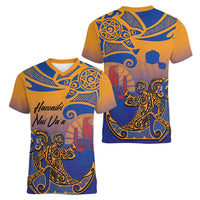 Hawaiki Nui Va'a Solo French Polynesia Women V-Neck T-Shirt Sunset Color LT03 - Polynesian Pride