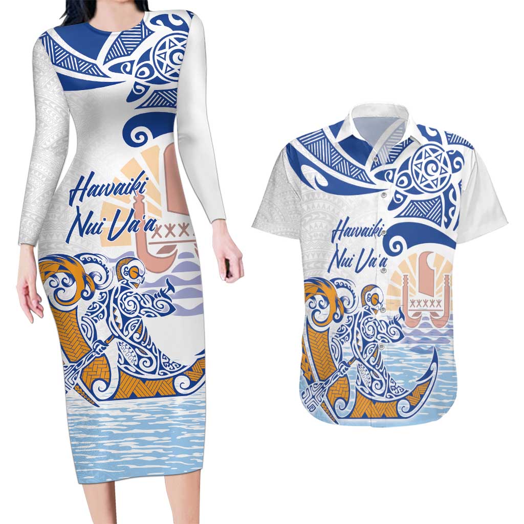 Hawaiki Nui Va'a Solo French Polynesia Couples Matching Long Sleeve Bodycon Dress and Hawaiian Shirt Blue Color LT03 Blue - Polynesian Pride