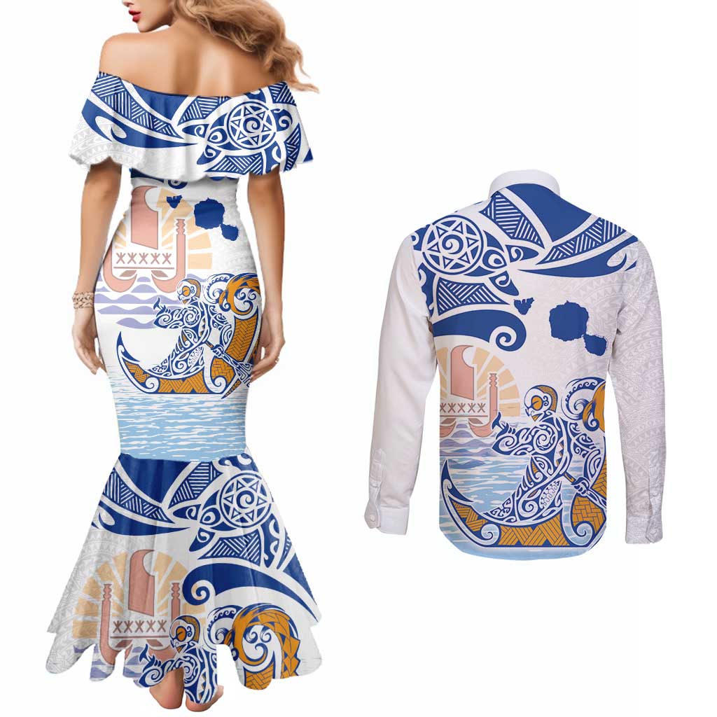 Hawaiki Nui Va'a Solo French Polynesia Couples Matching Mermaid Dress and Long Sleeve Button Shirt Blue Color LT03 - Polynesian Pride