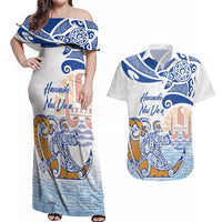 Hawaiki Nui Va'a Solo French Polynesia Couples Matching Off Shoulder Maxi Dress and Hawaiian Shirt Blue Color LT03 Blue - Polynesian Pride