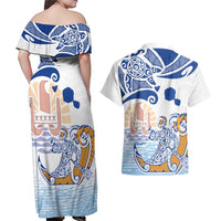 Hawaiki Nui Va'a Solo French Polynesia Couples Matching Off Shoulder Maxi Dress and Hawaiian Shirt Blue Color LT03 - Polynesian Pride