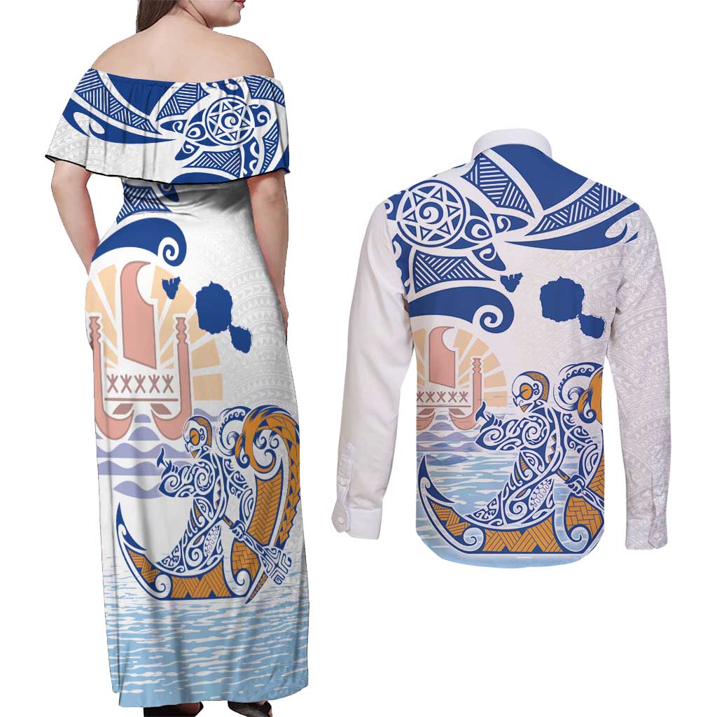 Hawaiki Nui Va'a Solo French Polynesia Couples Matching Off Shoulder Maxi Dress and Long Sleeve Button Shirt Blue Color LT03 - Polynesian Pride