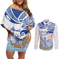 Hawaiki Nui Va'a Solo French Polynesia Couples Matching Off Shoulder Short Dress and Long Sleeve Button Shirt Blue Color LT03 Blue - Polynesian Pride