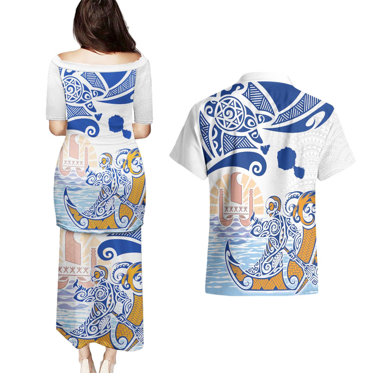 Hawaiki Nui Va'a Solo French Polynesia Couples Matching Puletasi and Hawaiian Shirt Blue Color LT03 - Polynesian Pride