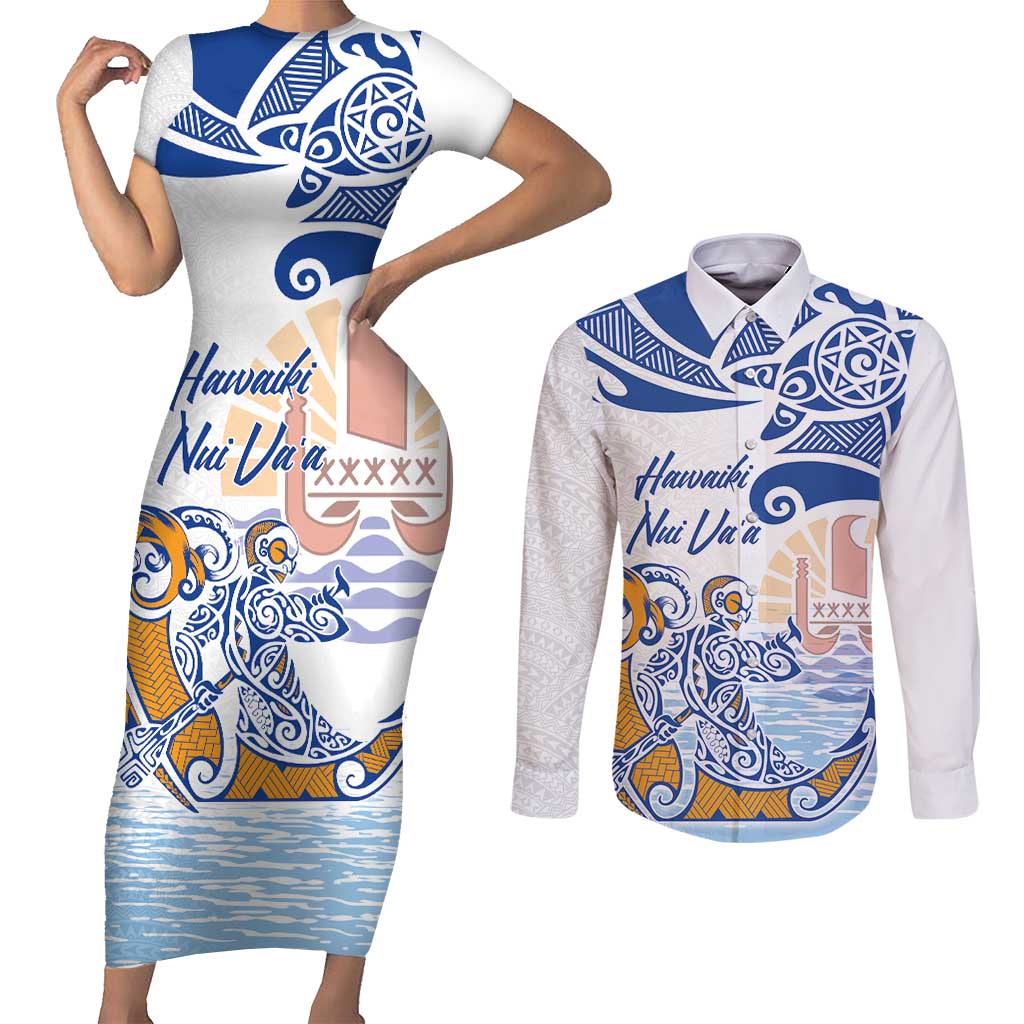 Hawaiki Nui Va'a Solo French Polynesia Couples Matching Short Sleeve Bodycon Dress and Long Sleeve Button Shirt Blue Color LT03 Blue - Polynesian Pride