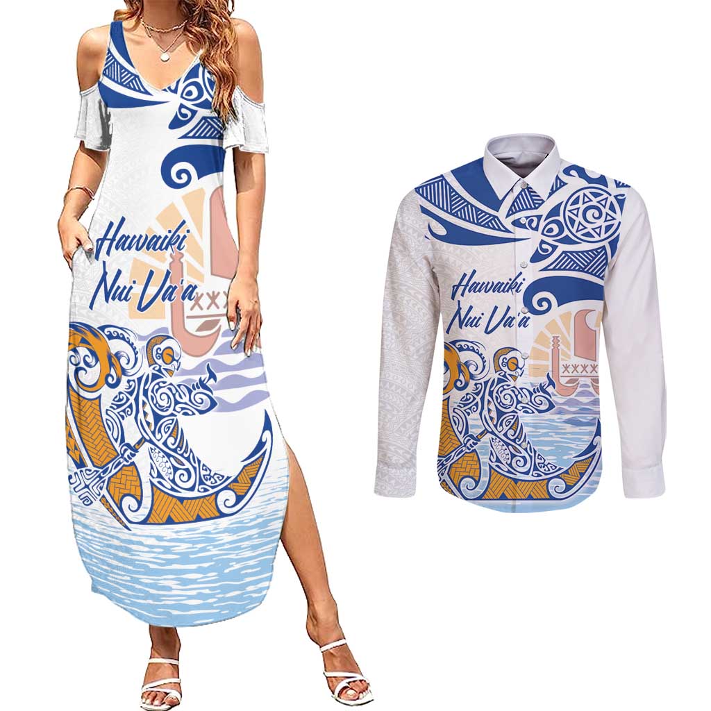 Hawaiki Nui Va'a Solo French Polynesia Couples Matching Summer Maxi Dress and Long Sleeve Button Shirt Blue Color LT03 Blue - Polynesian Pride
