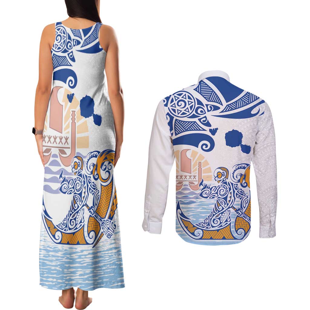 Hawaiki Nui Va'a Solo French Polynesia Couples Matching Tank Maxi Dress and Long Sleeve Button Shirt Blue Color LT03 - Polynesian Pride