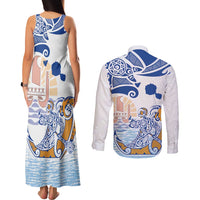 Hawaiki Nui Va'a Solo French Polynesia Couples Matching Tank Maxi Dress and Long Sleeve Button Shirt Blue Color LT03 - Polynesian Pride