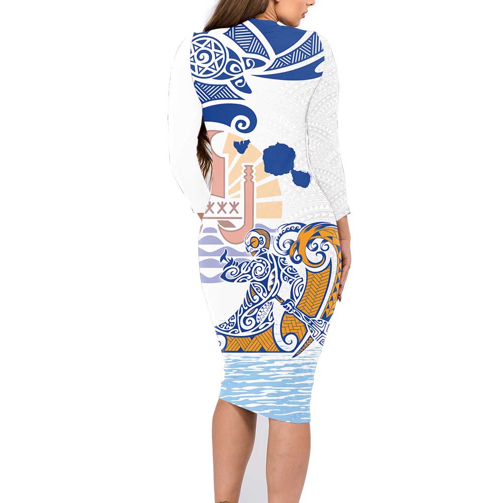 Hawaiki Nui Va'a Solo French Polynesia Family Matching Long Sleeve Bodycon Dress and Hawaiian Shirt Blue Color LT03 - Polynesian Pride