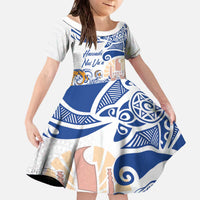 Hawaiki Nui Va'a Solo French Polynesia Family Matching Off The Shoulder Long Sleeve Dress and Hawaiian Shirt Blue Color LT03 Daughter's Dress Blue - Polynesian Pride