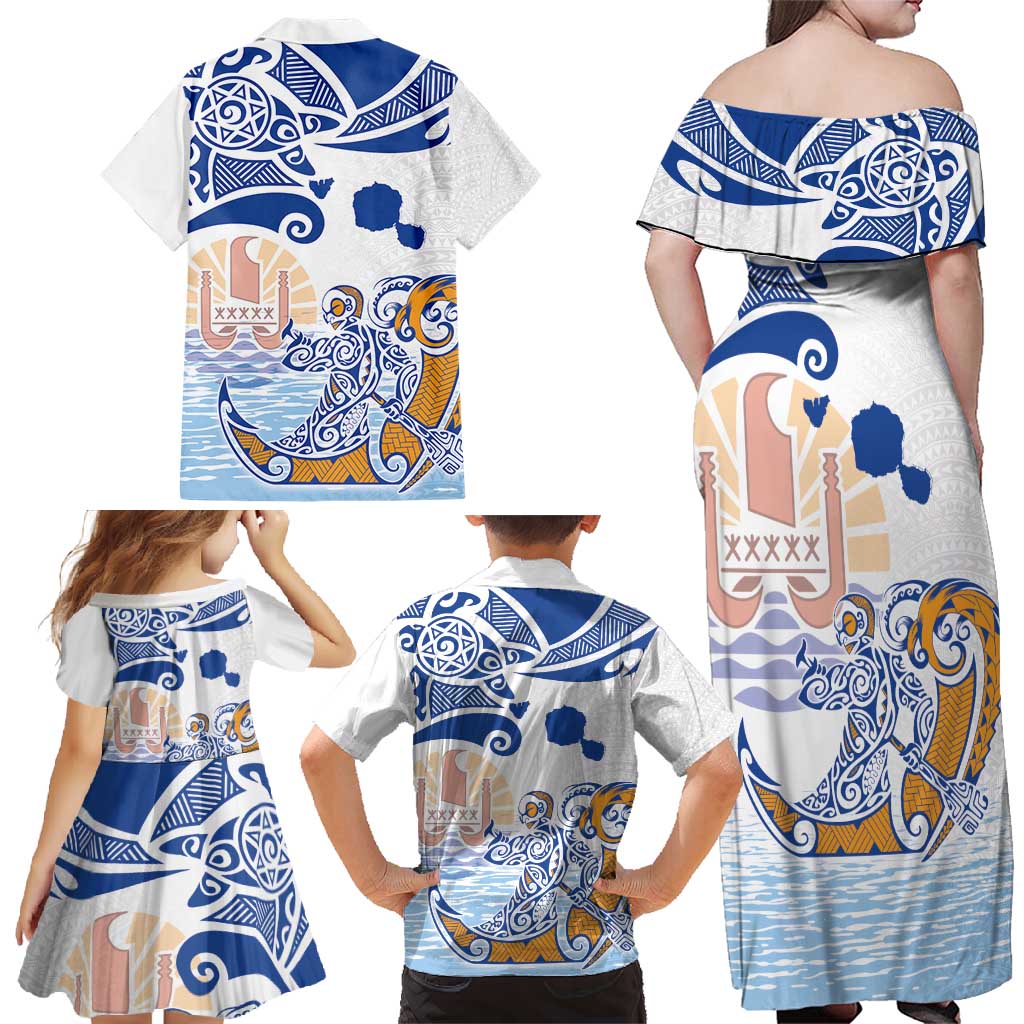 Hawaiki Nui Va'a Solo French Polynesia Family Matching Off Shoulder Maxi Dress and Hawaiian Shirt Blue Color LT03 - Polynesian Pride