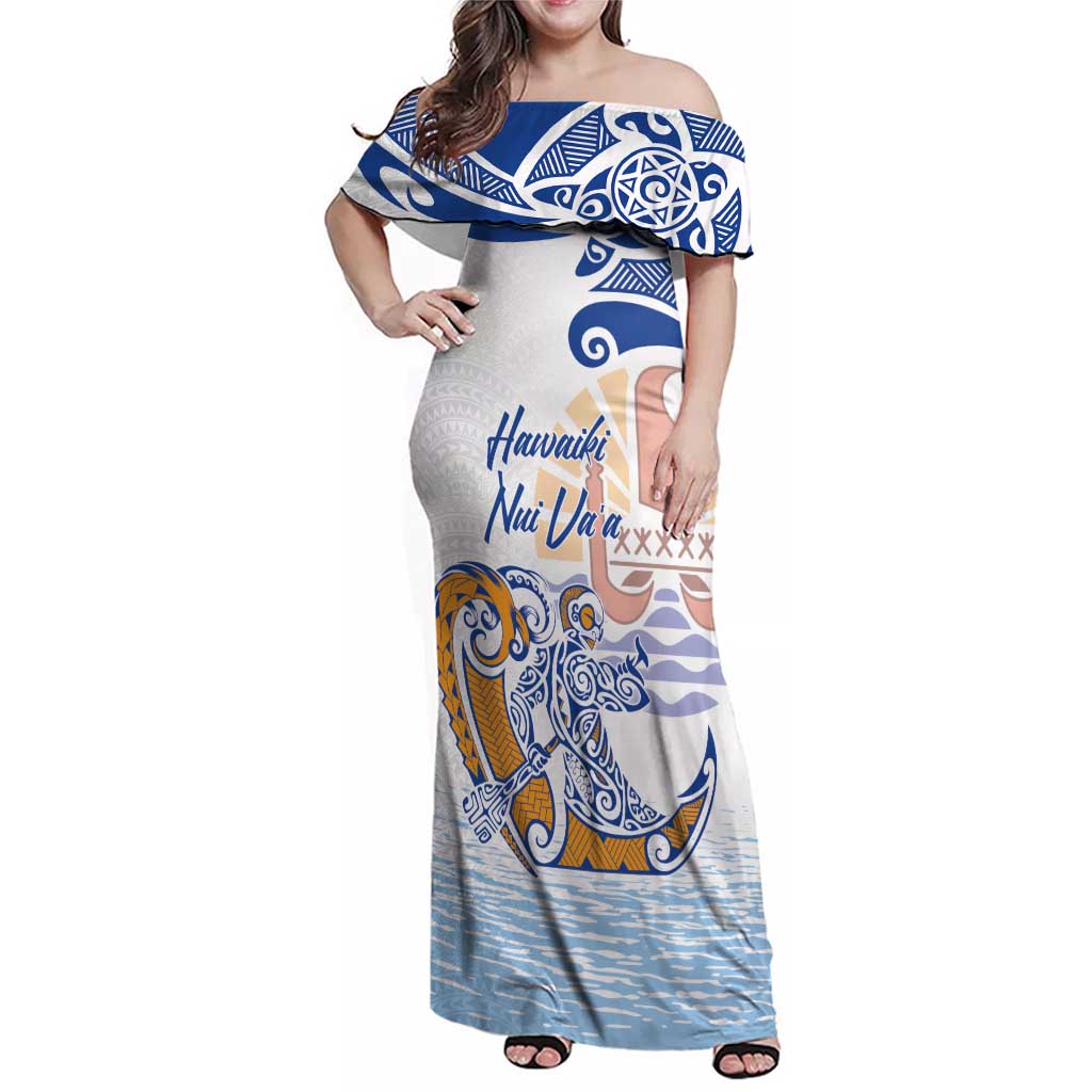 Hawaiki Nui Va'a Solo French Polynesia Family Matching Off Shoulder Maxi Dress and Hawaiian Shirt Blue Color LT03 Mom's Dress Blue - Polynesian Pride