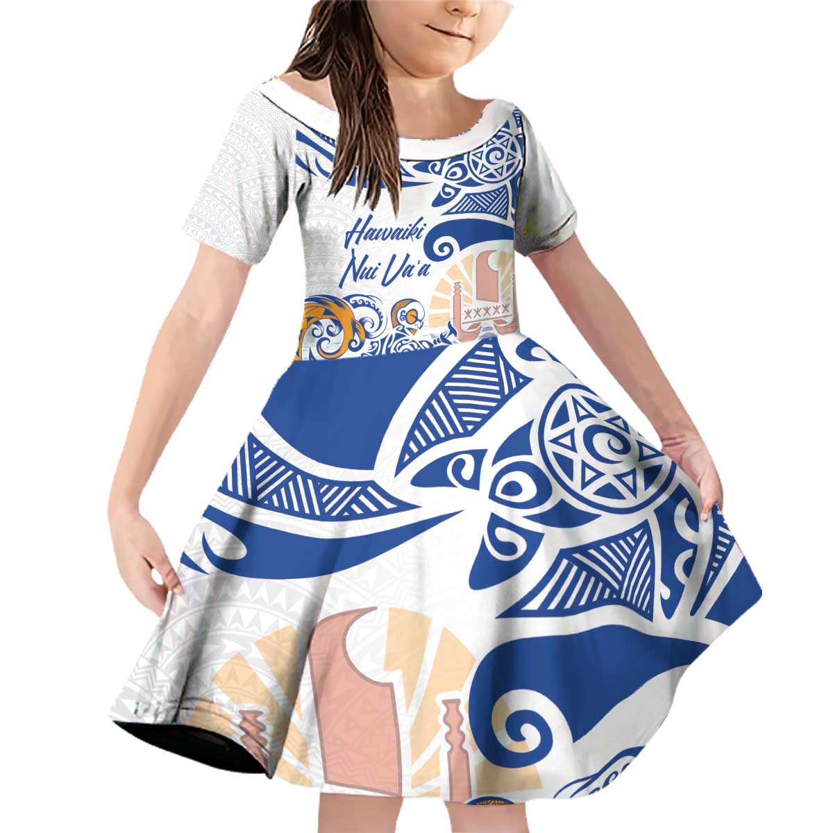 Hawaiki Nui Va'a Solo French Polynesia Family Matching Off Shoulder Short Dress and Hawaiian Shirt Blue Color LT03 Daughter's Dress Blue - Polynesian Pride