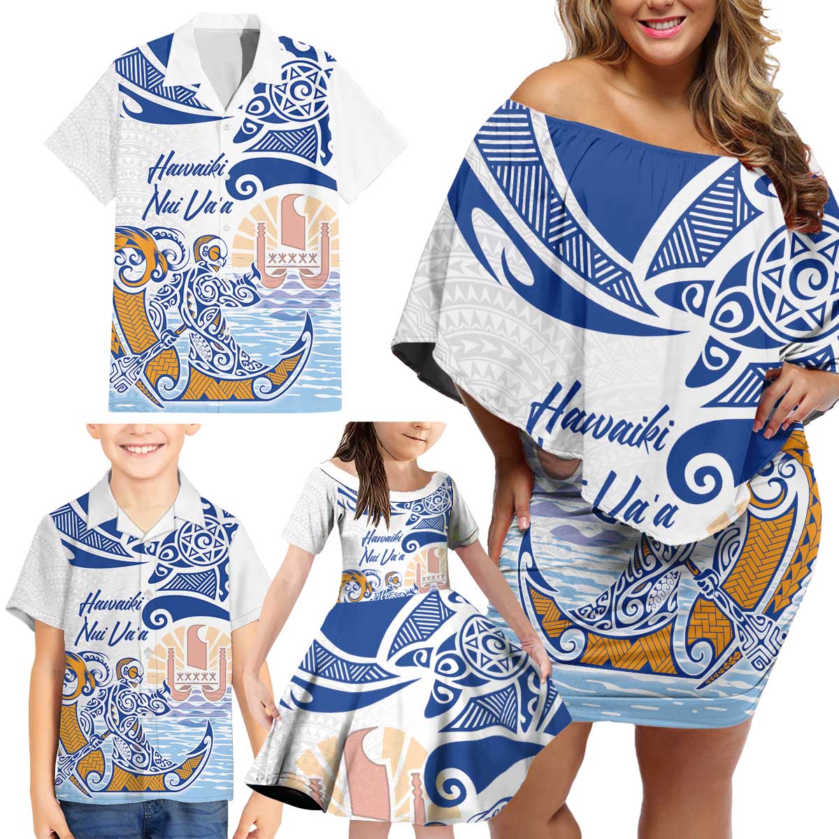 Hawaiki Nui Va'a Solo French Polynesia Family Matching Off Shoulder Short Dress and Hawaiian Shirt Blue Color LT03 - Polynesian Pride
