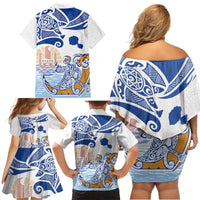 Hawaiki Nui Va'a Solo French Polynesia Family Matching Off Shoulder Short Dress and Hawaiian Shirt Blue Color LT03 - Polynesian Pride