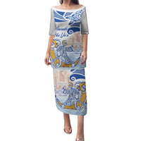 Hawaiki Nui Va'a Solo French Polynesia Family Matching Puletasi and Hawaiian Shirt Blue Color LT03 Mom's Dress Blue - Polynesian Pride