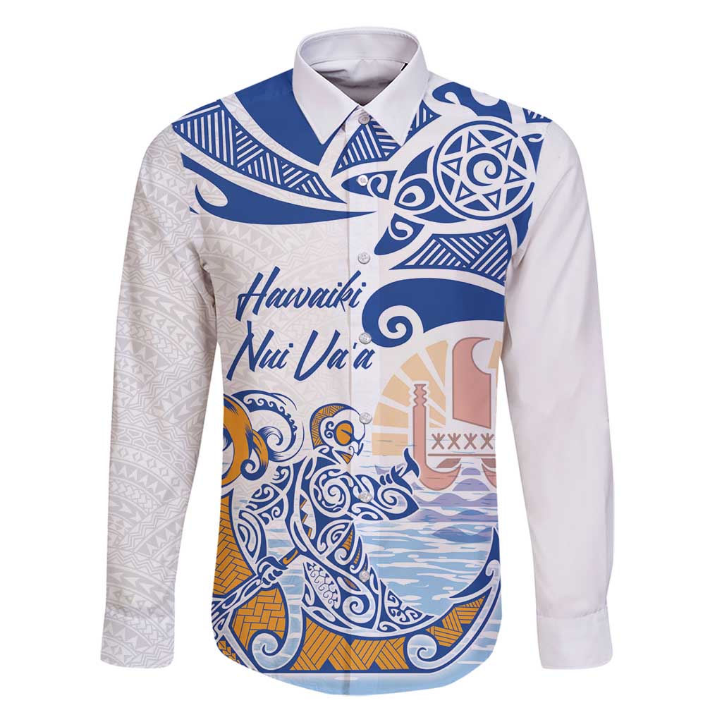 Hawaiki Nui Va'a Solo French Polynesia Family Matching Tank Maxi Dress and Hawaiian Shirt Blue Color LT03 Dad's Shirt - Long Sleeve Blue - Polynesian Pride