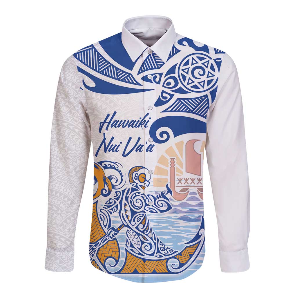 Hawaiki Nui Va'a Solo French Polynesia Long Sleeve Button Shirt Blue Color LT03 Unisex Blue - Polynesian Pride