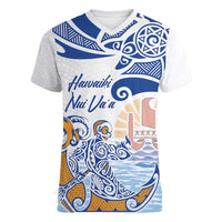 Hawaiki Nui Va'a Solo French Polynesia Women V-Neck T-Shirt Blue Color LT03 Female Blue - Polynesian Pride