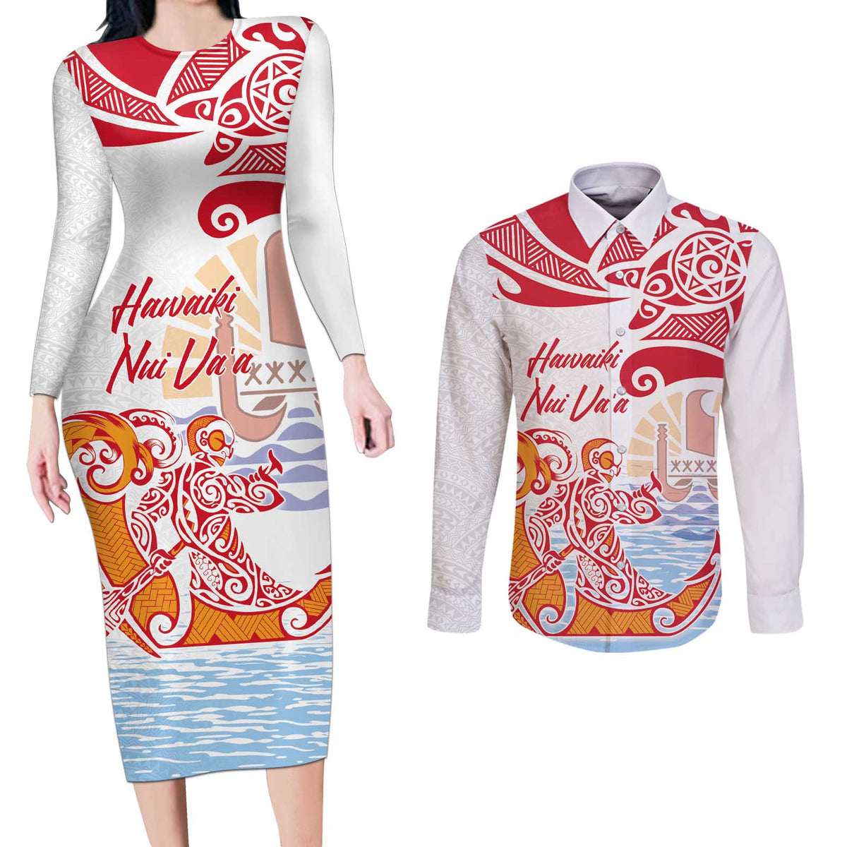 Hawaiki Nui Va'a Solo French Polynesia Couples Matching Long Sleeve Bodycon Dress and Long Sleeve Button Shirt Red Color LT03 Red - Polynesian Pride