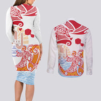 Hawaiki Nui Va'a Solo French Polynesia Couples Matching Long Sleeve Bodycon Dress and Long Sleeve Button Shirt Red Color LT03 - Polynesian Pride