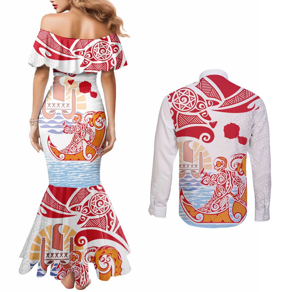 Hawaiki Nui Va'a Solo French Polynesia Couples Matching Mermaid Dress and Long Sleeve Button Shirt Red Color LT03 - Polynesian Pride