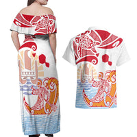 Hawaiki Nui Va'a Solo French Polynesia Couples Matching Off Shoulder Maxi Dress and Hawaiian Shirt Red Color LT03 - Polynesian Pride