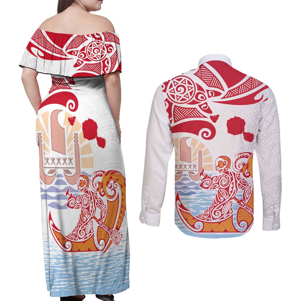 Hawaiki Nui Va'a Solo French Polynesia Couples Matching Off Shoulder Maxi Dress and Long Sleeve Button Shirt Red Color LT03 - Polynesian Pride