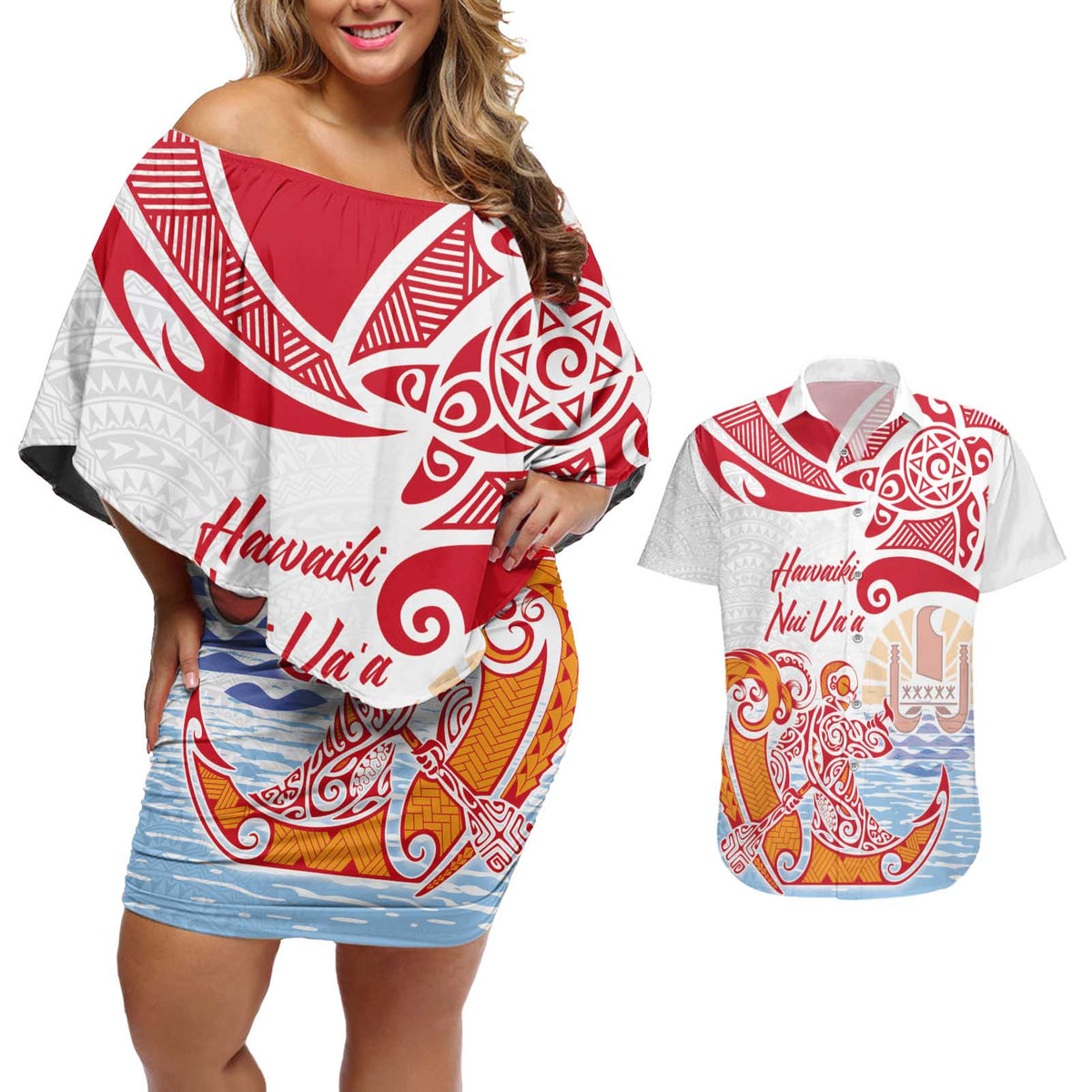 Hawaiki Nui Va'a Solo French Polynesia Couples Matching Off Shoulder Short Dress and Hawaiian Shirt Red Color LT03 Red - Polynesian Pride
