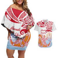 Hawaiki Nui Va'a Solo French Polynesia Couples Matching Off Shoulder Short Dress and Hawaiian Shirt Red Color LT03 Red - Polynesian Pride