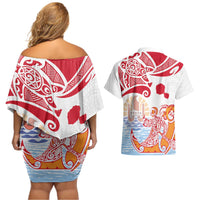 Hawaiki Nui Va'a Solo French Polynesia Couples Matching Off Shoulder Short Dress and Hawaiian Shirt Red Color LT03 - Polynesian Pride