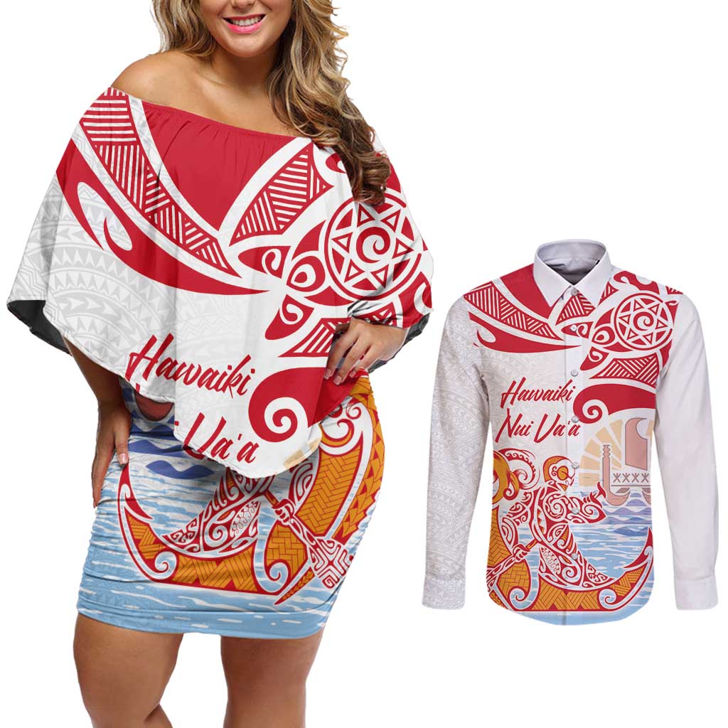 Hawaiki Nui Va'a Solo French Polynesia Couples Matching Off Shoulder Short Dress and Long Sleeve Button Shirt Red Color LT03 Red - Polynesian Pride