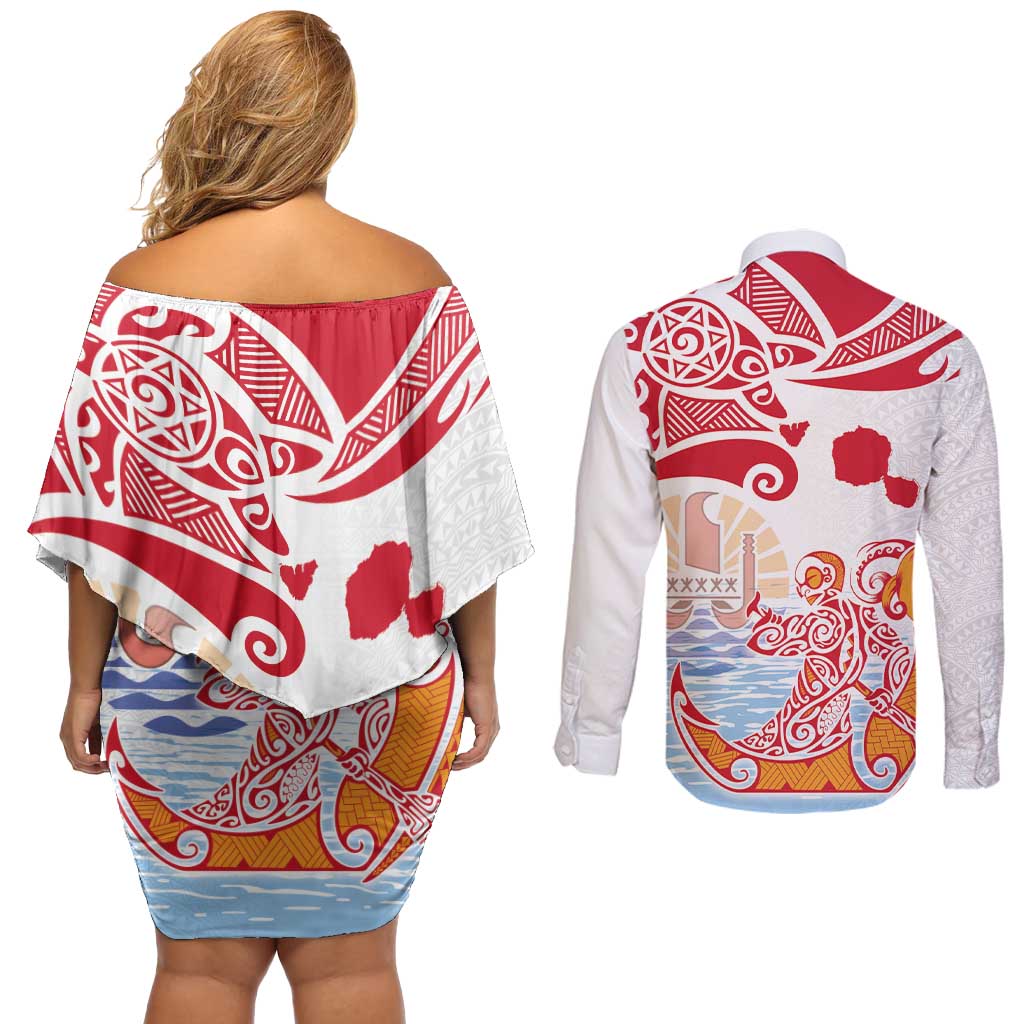 Hawaiki Nui Va'a Solo French Polynesia Couples Matching Off Shoulder Short Dress and Long Sleeve Button Shirt Red Color LT03 - Polynesian Pride