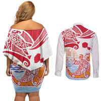 Hawaiki Nui Va'a Solo French Polynesia Couples Matching Off Shoulder Short Dress and Long Sleeve Button Shirt Red Color LT03 - Polynesian Pride