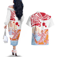 Hawaiki Nui Va'a Solo French Polynesia Couples Matching Off The Shoulder Long Sleeve Dress and Hawaiian Shirt Red Color LT03 - Polynesian Pride