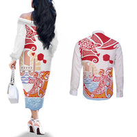Hawaiki Nui Va'a Solo French Polynesia Couples Matching Off The Shoulder Long Sleeve Dress and Long Sleeve Button Shirt Red Color LT03 - Polynesian Pride