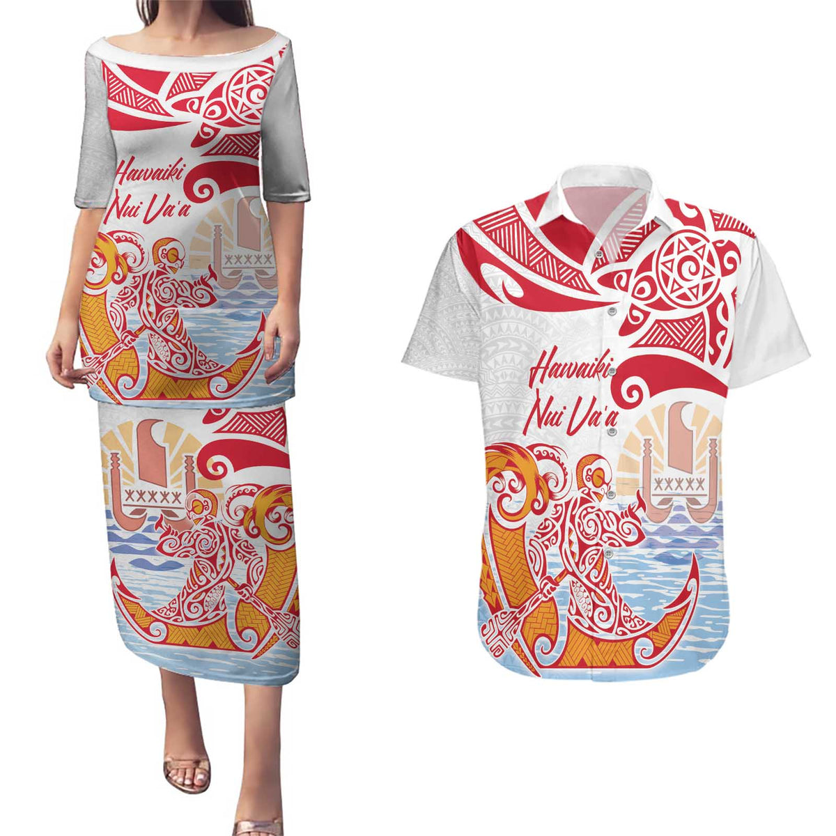 Hawaiki Nui Va'a Solo French Polynesia Couples Matching Puletasi and Hawaiian Shirt Red Color LT03 Red - Polynesian Pride