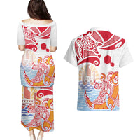 Hawaiki Nui Va'a Solo French Polynesia Couples Matching Puletasi and Hawaiian Shirt Red Color LT03 - Polynesian Pride