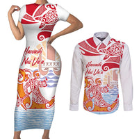 Hawaiki Nui Va'a Solo French Polynesia Couples Matching Short Sleeve Bodycon Dress and Long Sleeve Button Shirt Red Color LT03 Red - Polynesian Pride