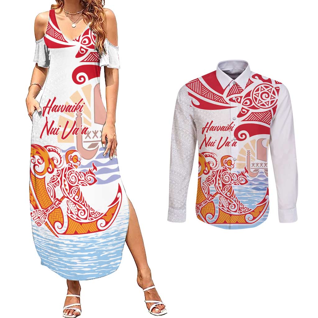 Hawaiki Nui Va'a Solo French Polynesia Couples Matching Summer Maxi Dress and Long Sleeve Button Shirt Red Color LT03 Red - Polynesian Pride