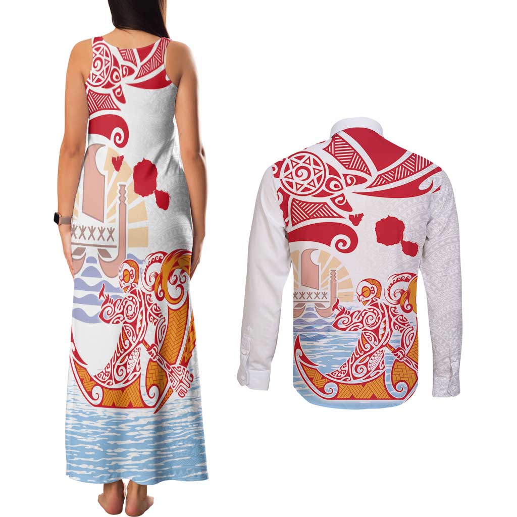 Hawaiki Nui Va'a Solo French Polynesia Couples Matching Tank Maxi Dress and Long Sleeve Button Shirt Red Color LT03 - Polynesian Pride