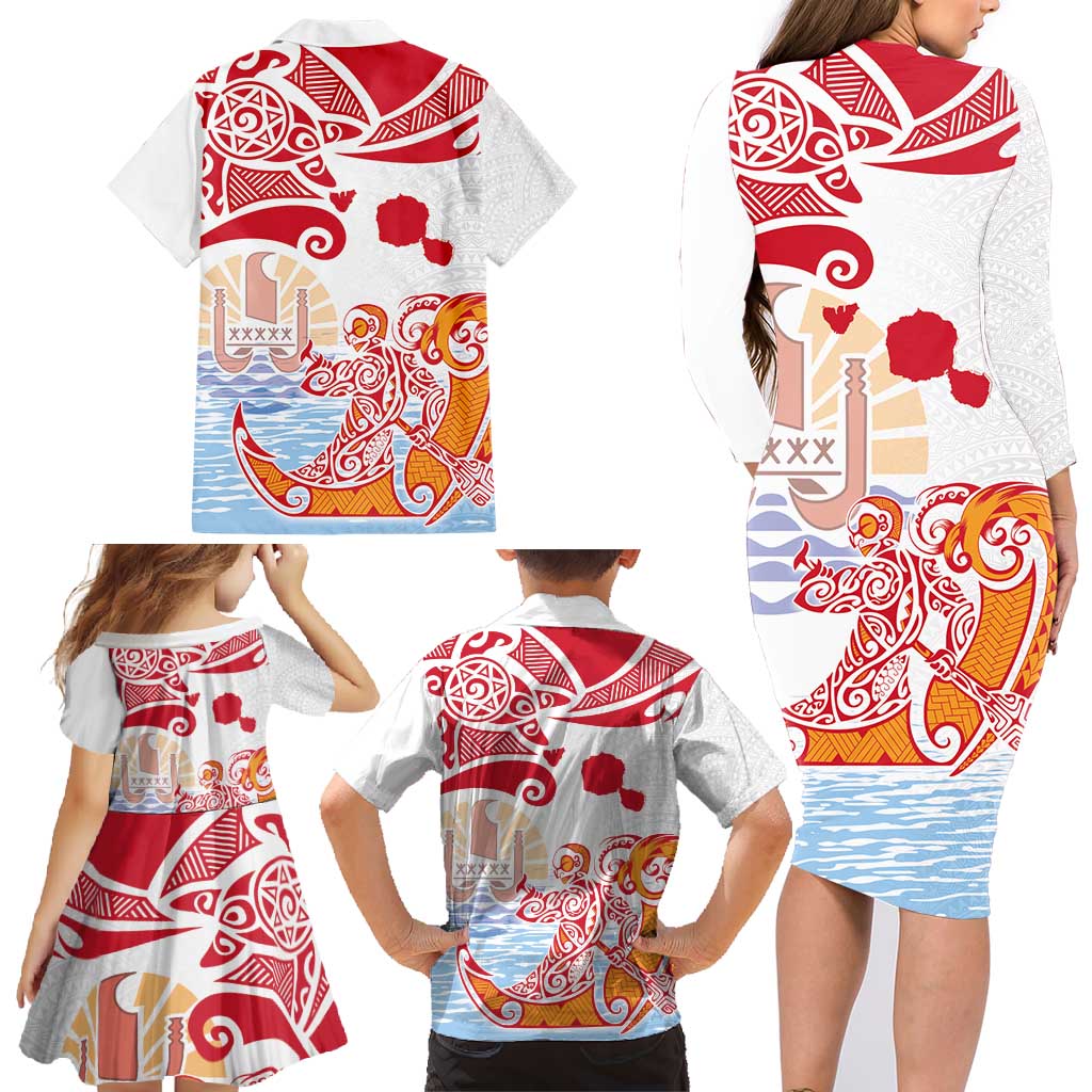 Hawaiki Nui Va'a Solo French Polynesia Family Matching Long Sleeve Bodycon Dress and Hawaiian Shirt Red Color LT03 - Polynesian Pride