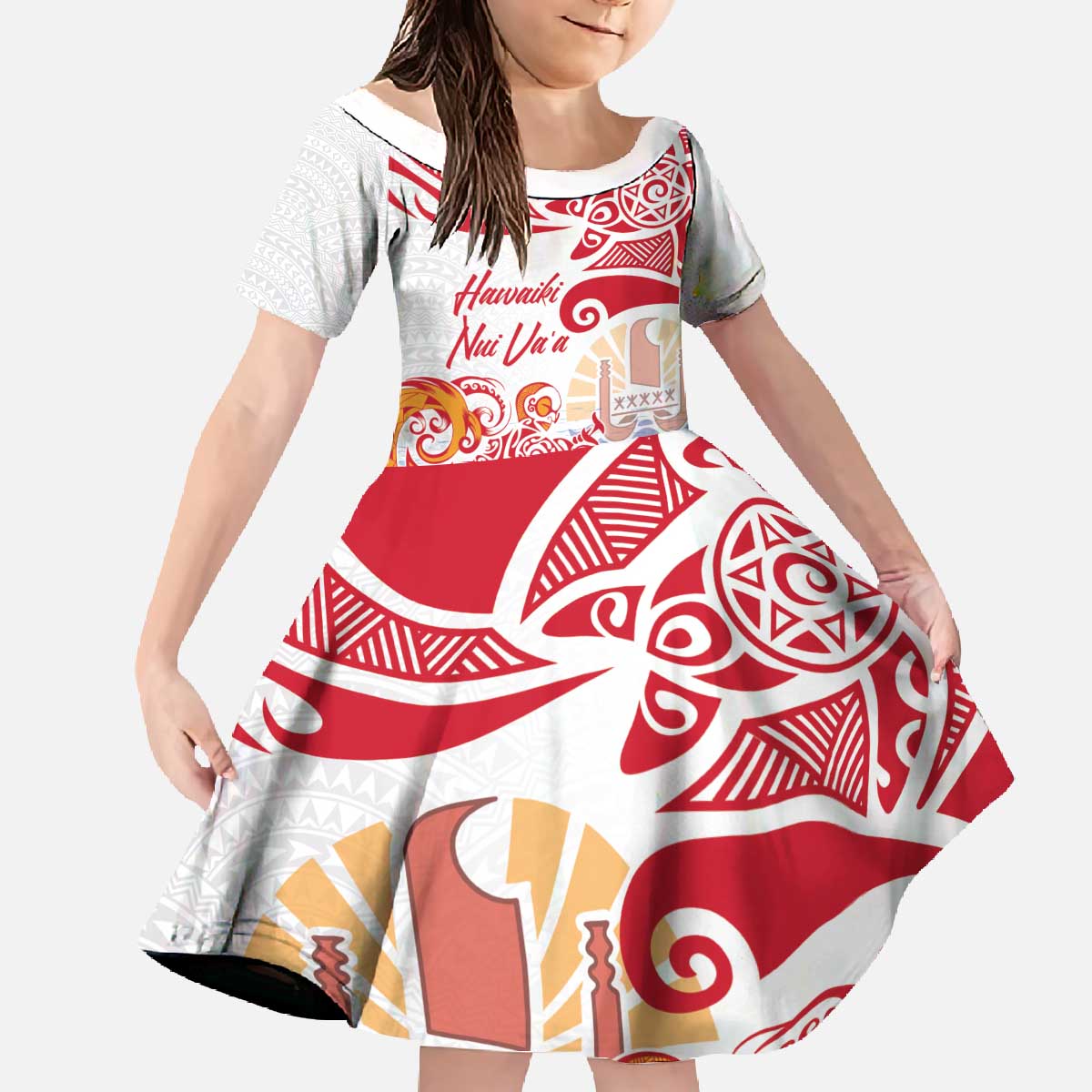 Hawaiki Nui Va'a Solo French Polynesia Family Matching Off The Shoulder Long Sleeve Dress and Hawaiian Shirt Red Color LT03 Daughter's Dress Red - Polynesian Pride