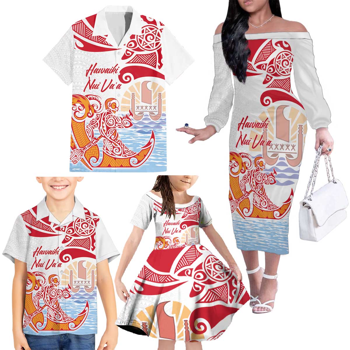 Hawaiki Nui Va'a Solo French Polynesia Family Matching Off The Shoulder Long Sleeve Dress and Hawaiian Shirt Red Color LT03 - Polynesian Pride