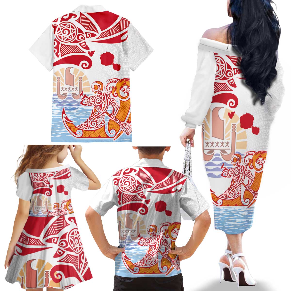 Hawaiki Nui Va'a Solo French Polynesia Family Matching Off The Shoulder Long Sleeve Dress and Hawaiian Shirt Red Color LT03 - Polynesian Pride